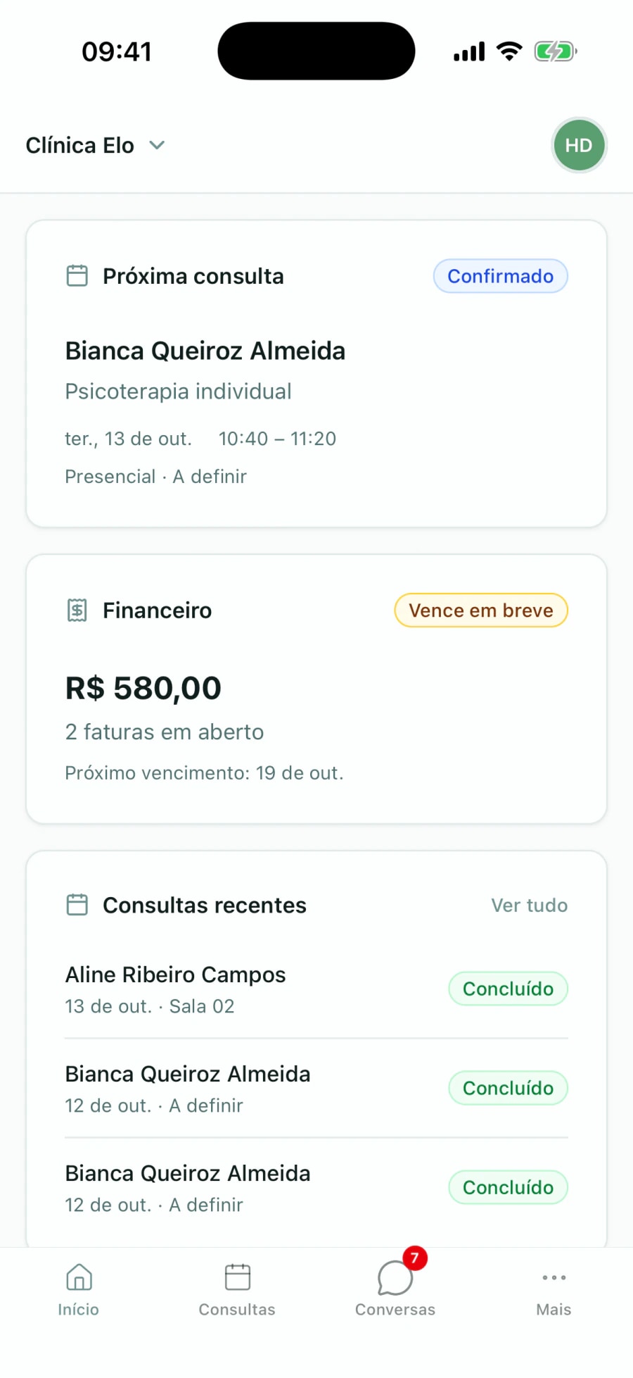 Tela inicial do app do paciente com a próxima sessão confirmada, de psicoterapia individual, R$ 580,00 em 2 faturas em aberto e as consultas recentes