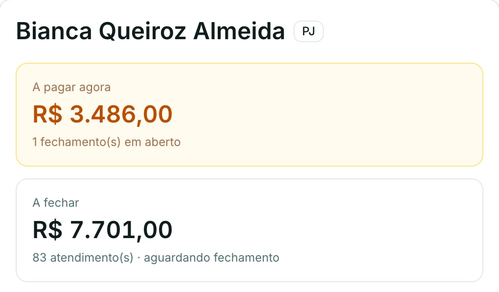 Repasse da psicóloga Bianca Queiroz Almeida (PJ): R$ 3.486,00 a pagar agora e R$ 7.701,00 a fechar em 83 atendimentos