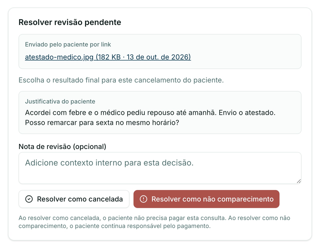 Revisão de um cancelamento em cima da hora: o paciente enviou um atestado e a justificativa, e a clínica escolhe entre resolver como cancelada, sem cobrança, ou como não comparecimento, com o paciente responsável pelo pagamento.