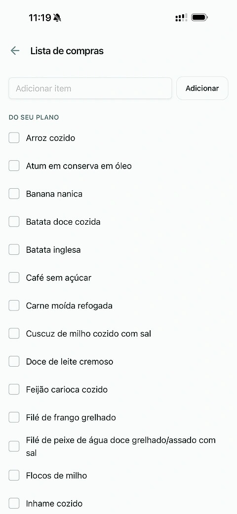Lista de compras no app do paciente com os itens do plano e caixas de marcação