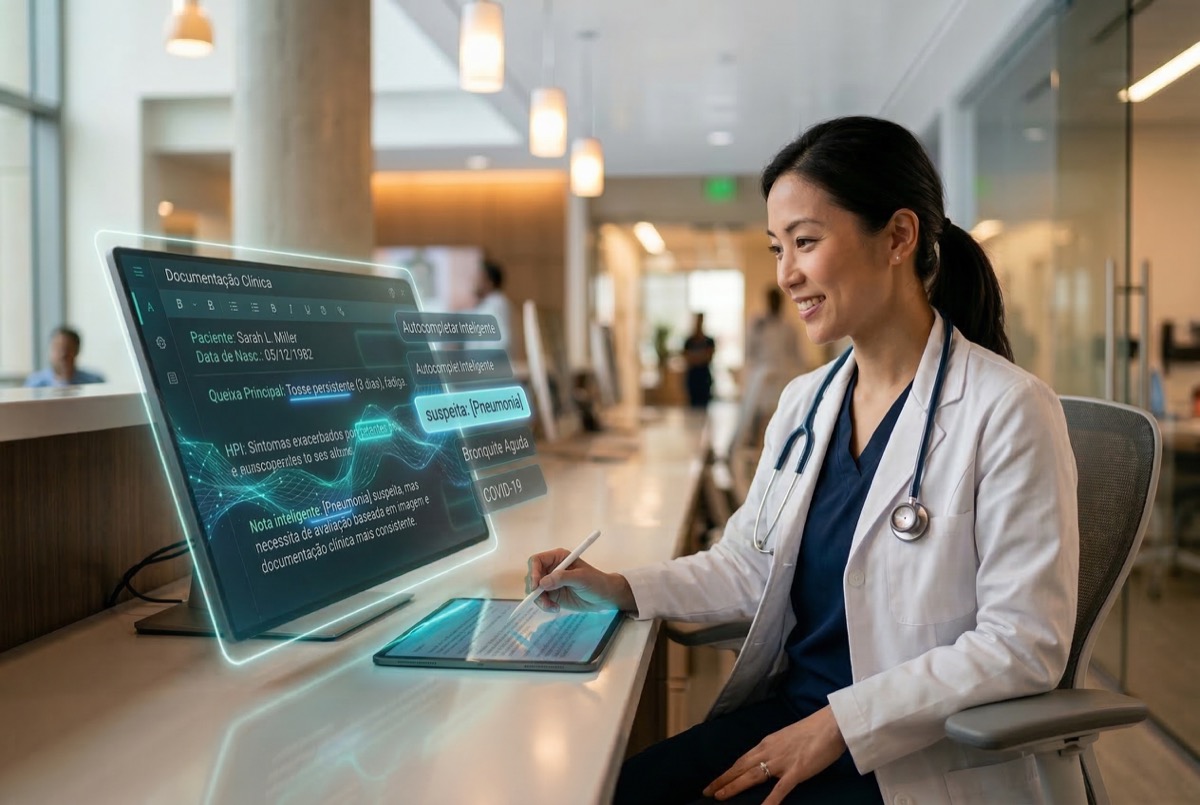 Médico usando documentação clínica com inteligência artificial