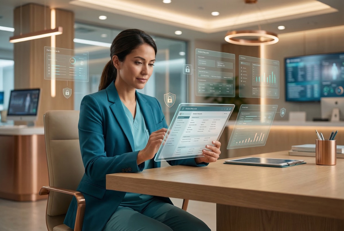 Médico revisando prontuários eletrônicos seguros
